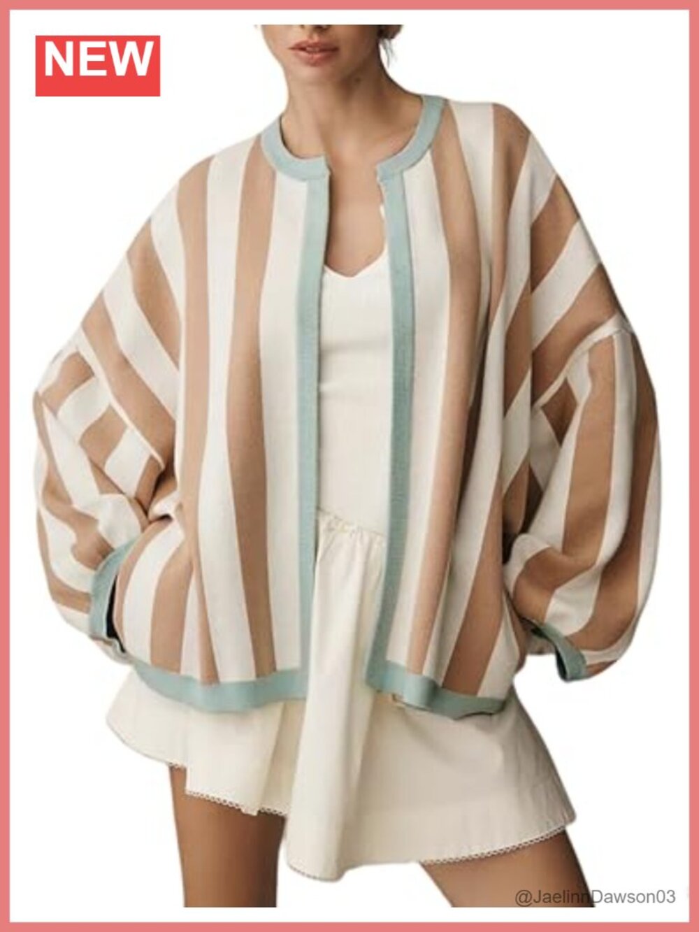 Women's Striped Open Front Knit Cardigan Loose Fit Long Balloon Sleeve